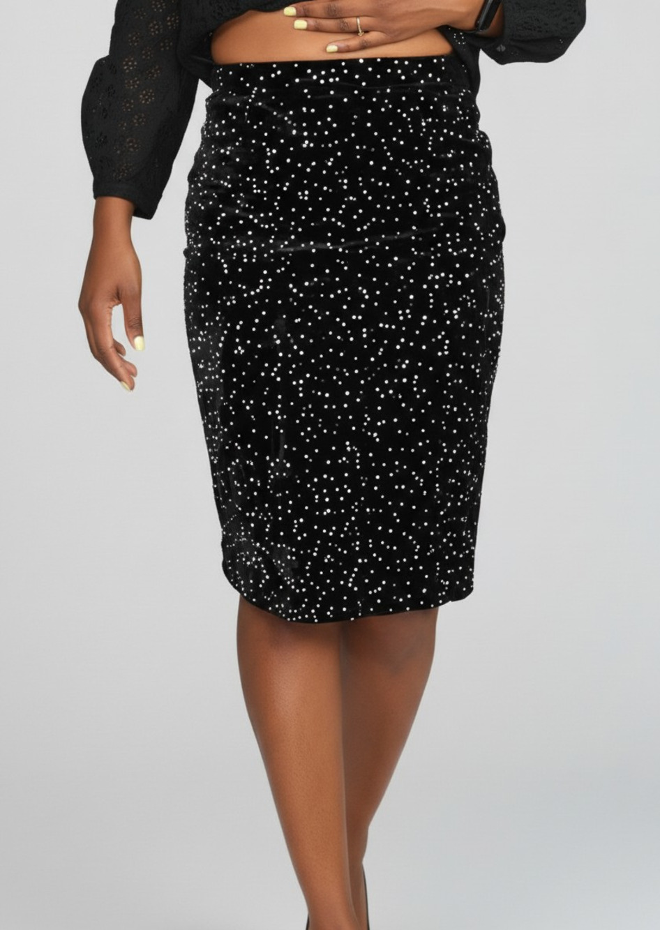 Vintage Valentino Night Black Velvet Stardust Pencil Skirt Italy Polka Dot Small